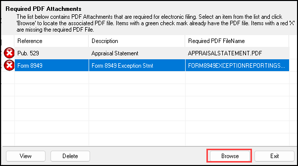 Image of "Required PDF Attachments" window Image of "Required PDF Attachments" window